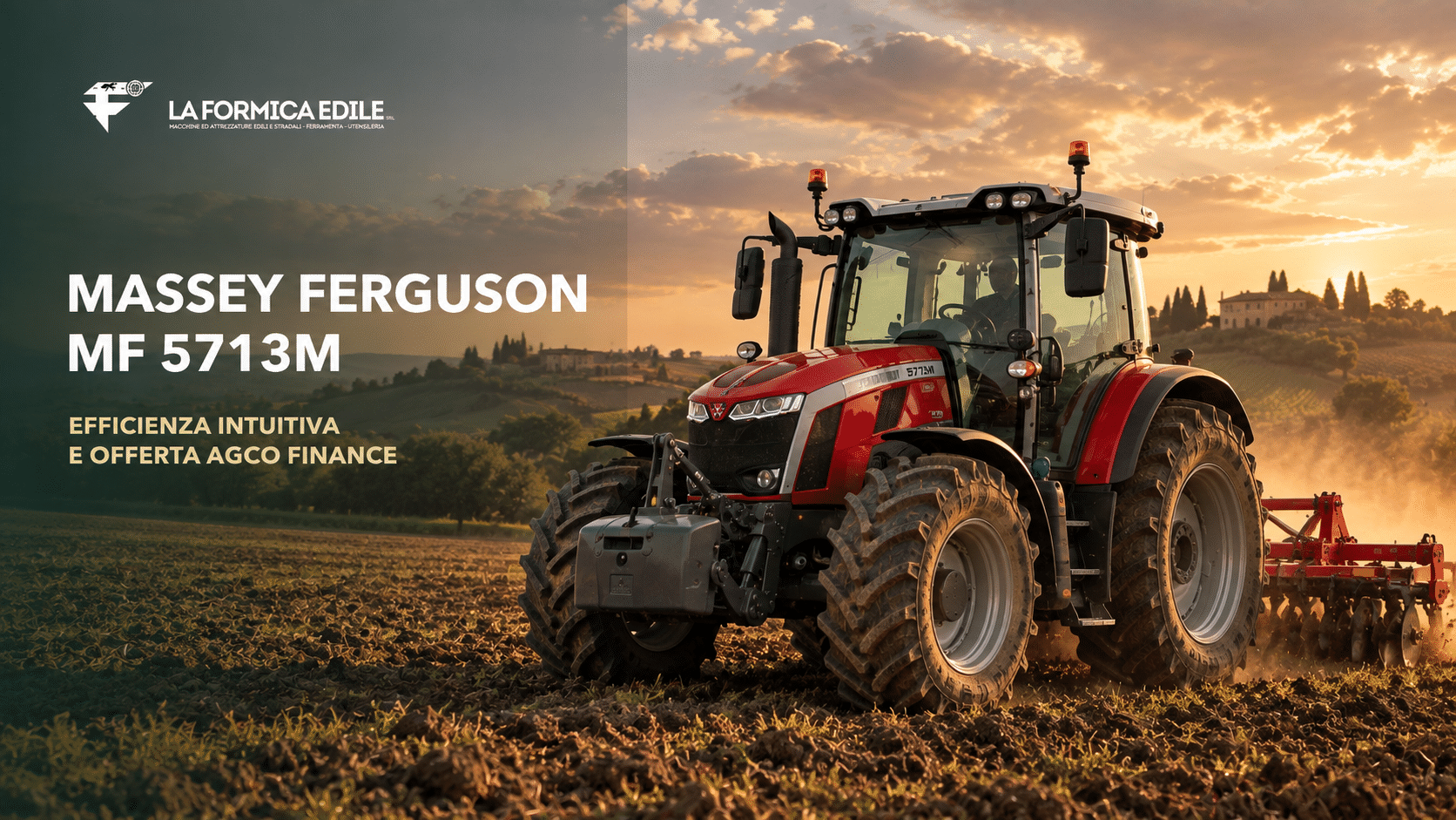Massey Ferguson MF 5713M in campo agricolo, copertina del blog